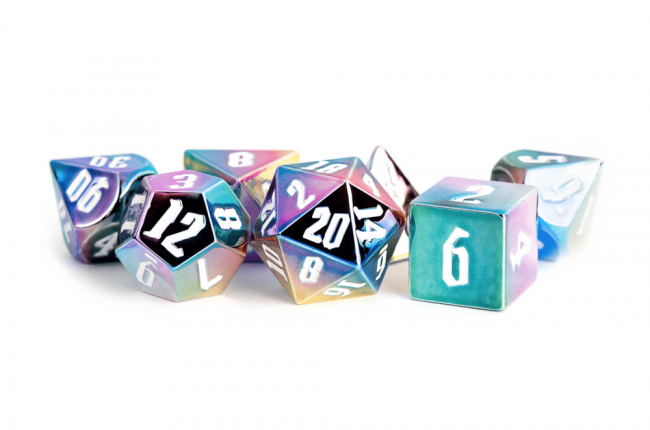 MDG 16mm Aluminium Plated Acrylic Poly Dice Set: Rainbow Aegis with White Numbers