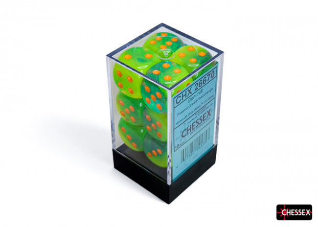 Chessex: Gemini 16mm D6 Plasma Green-Teal/Orange Luminary Dice Block (12 Dice)