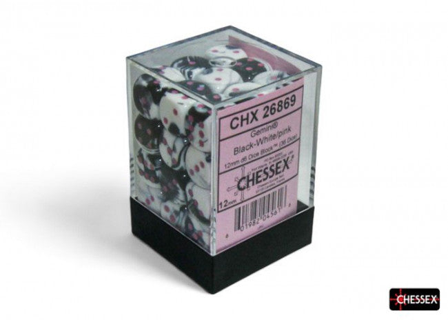 Chessex: Gemini 12mm D6 Black-White/Pink Dice Block (36 Dice)