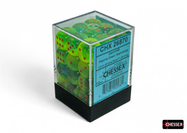 Chessex: Gemini 12mm D6 Plasma Green-Teal/Orange Luminary Dice Block (36 Dice)