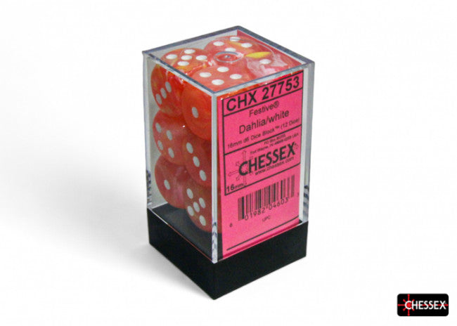 Chessex: Festive 16mm D6 Dahlia/White Luminary Dice Block (12 Dice)