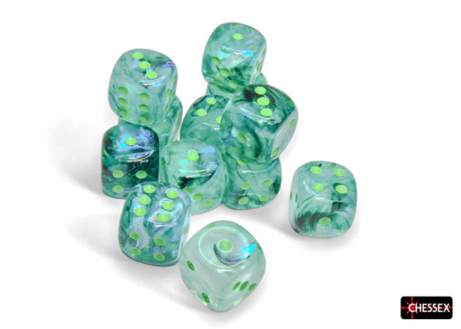 Chessex: Borealis 16mm D6 Kelp/Light Green Luminary Dice Block (12 Dice)