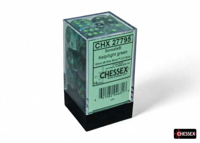 Chessex: Borealis 16mm D6 Kelp/Light Green Luminary Dice Block (12 Dice)