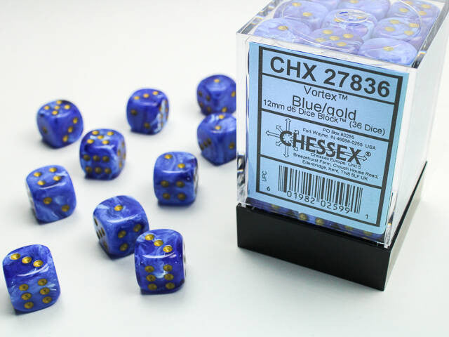 Chessex: 12mm D6 Vortex Blue/Gold Block (36 dice)