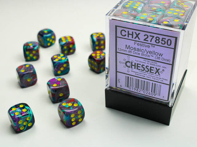 Chessex: 12mm D6 Festive Mosaic/Yellow Block (36 dice)