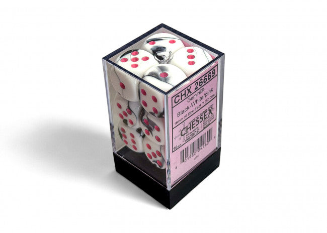 Chessex: Gemini 16mm D6 Black-White/Pink Dice Block (12 Dice)