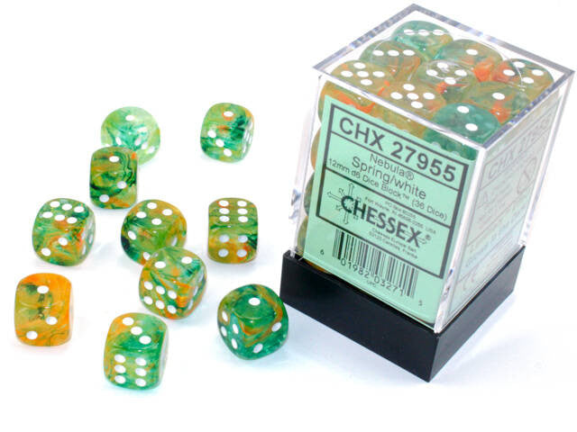 Chessex: 12mm D6 Nebula Spring/White Block (36 dice)