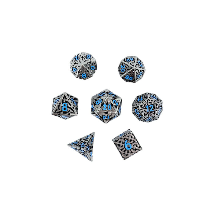 Metal RPG Dice - Hollow Celtic Stainless and Blue