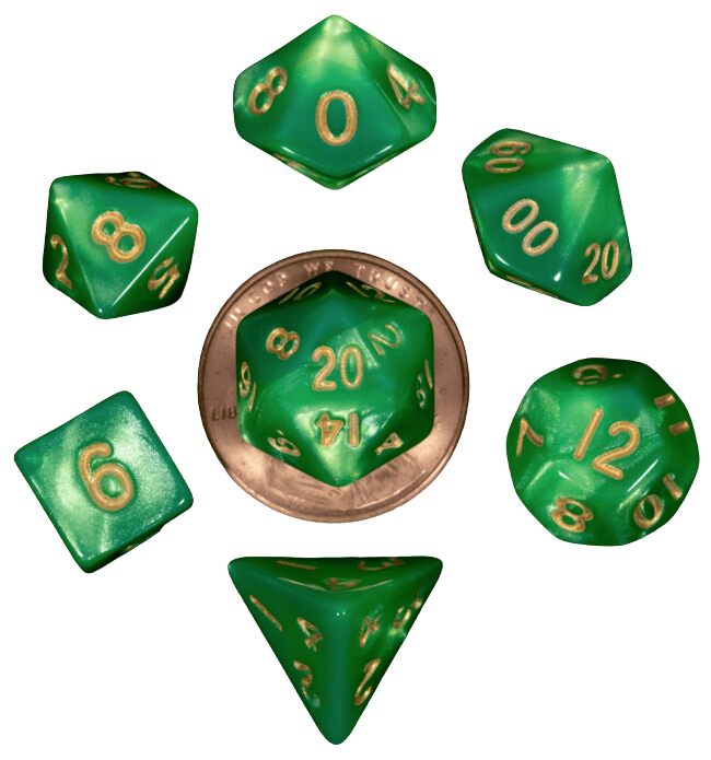 MDG 10mm Mini Polyhedral Dice Set: Green/Light Green w/ Gold Numbers