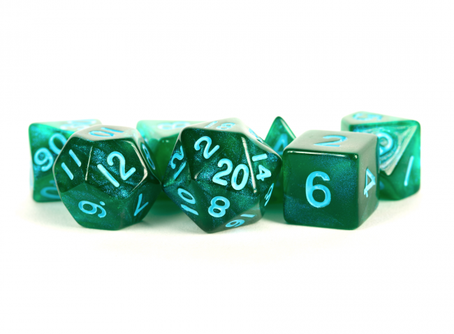 MDG 16mm Polyhedral Dice Set: Stardust Green w/ Blue Numbers