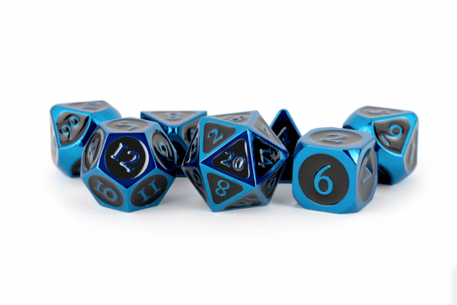 MDG 16mm Metal Polyhedral Dice Set: Blue w/ Black Enamel