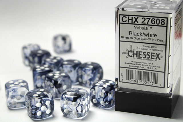 Chessex: 16mm D6 Nebula Black/White Block (12 dice)