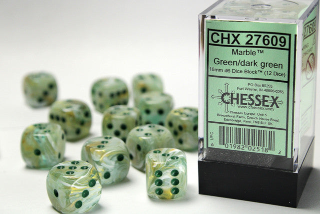 Chessex: 16mm D6 Marble Green/Dark Green Dice Block (12 dice)
