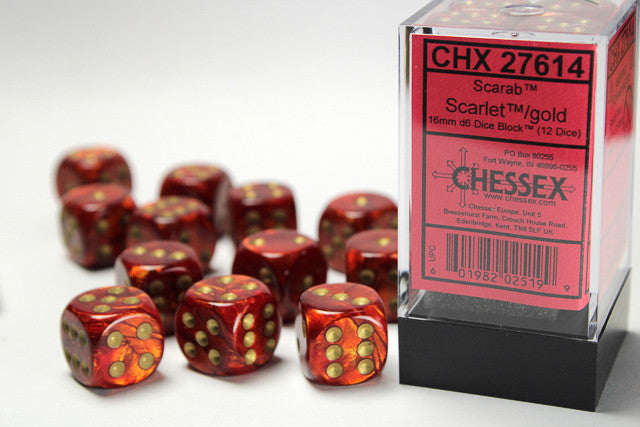 Chessex: 16mm D6 Scarab Scarlet/Gold Dice Block (12 dice)