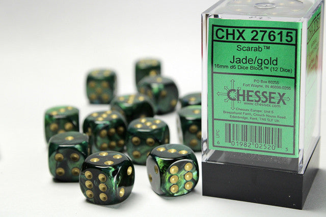 Chessex: 16mm D6 Scarab Jade/Gold Block (12 dice)