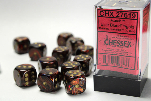 Chessex: 16mm D6 Scarab Blue Blood/Gold Block (12 dice)