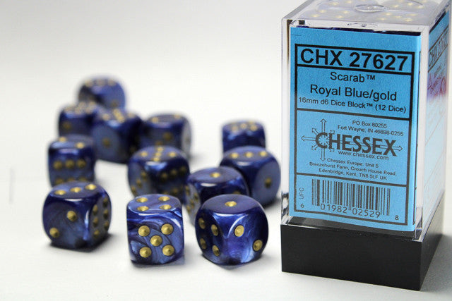 Chessex: 16mm D6 Scarab Royal Blue/Gold Block (12 dice)