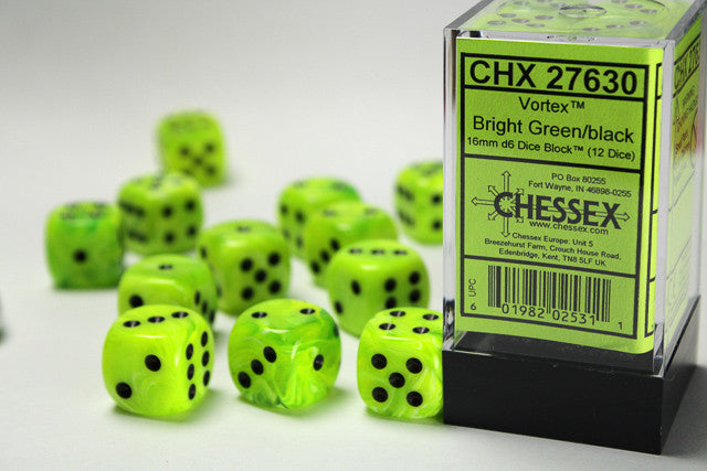 Chessex: 16mm D6 Vortex Bright Green/Black Block (12 dice)