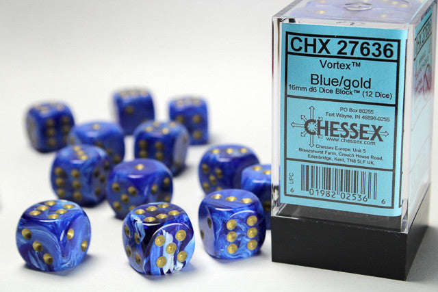 Chessex: 16mm D6 Vortex Blue/Gold Block (12 dice)
