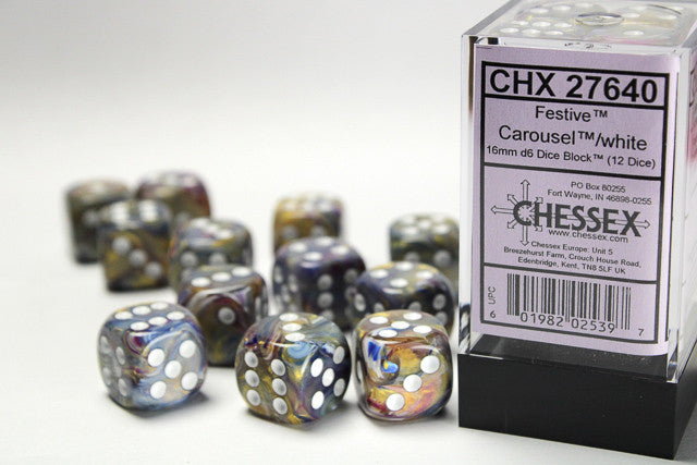 Chessex: 16mm D6 Festive Carousel/White Block (12 dice)