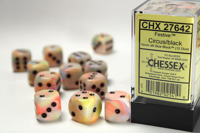 Chessex: 16mm D6 Festive Circus/Black Block (12 dice)