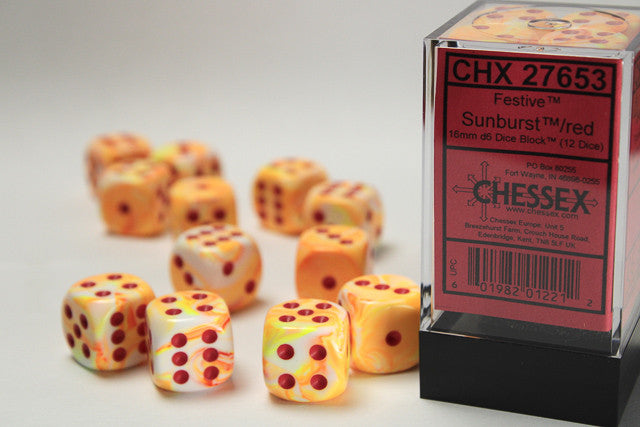 Chessex: 16mm D6 Festive Sunburst/Red Block (12 dice)