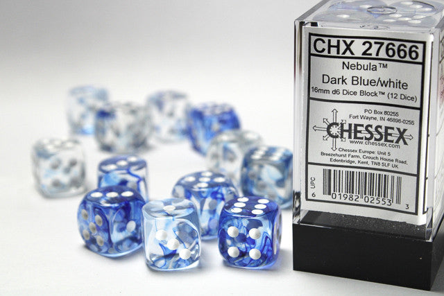 Chessex: 16mm D6 Nebula Dark Blue/White Block (12 dice)