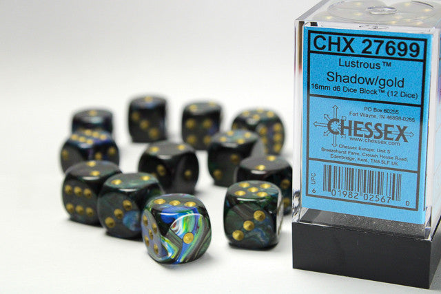 Chessex: 16mm D6 Lustrous Shadow/Gold Block (12 dice)