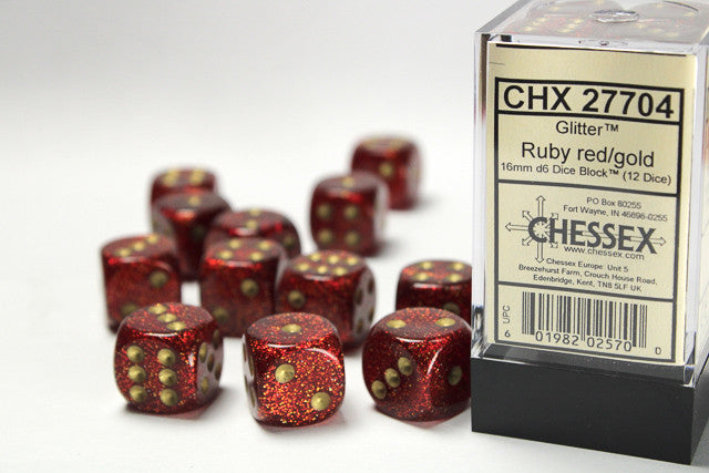 Chessex: 16mm D6 Glitter Ruby/Gold Block (12 dice)