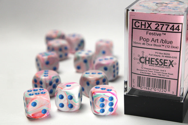 Chessex: 16mm D6 Festive Pop Art/Blue Block (12 dice)