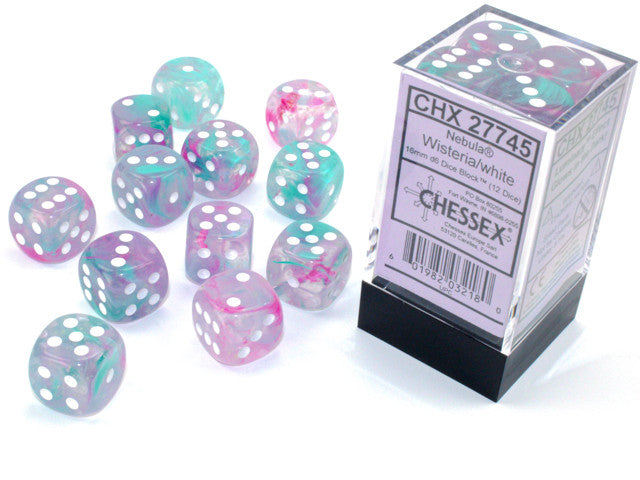 Chessex: 16mm D6 Nebula Wisteria/White Luminary Block (12 dice)