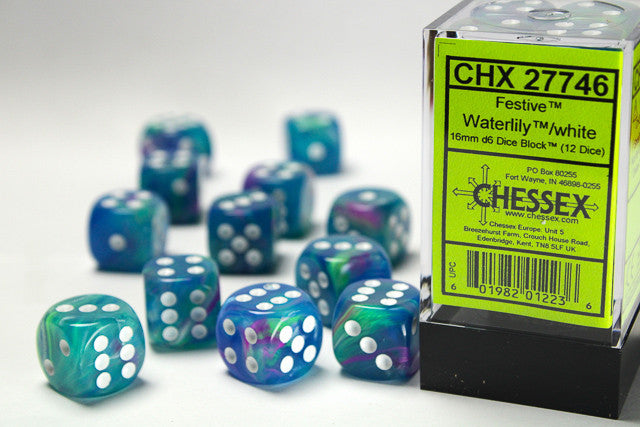 Chessex: 16mm D6 Festive Waterlily/White Block (12 dice)
