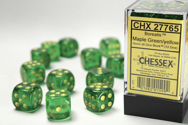 Chessex: 16mm D6 Borealis Maple Green/Yellow Block (12 dice)