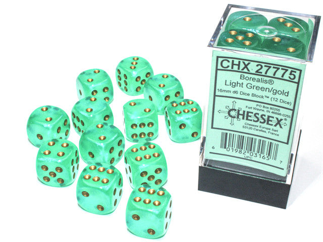 Chessex: 16mm D6 Borealis Luminary Light Green/Gold Block (12 dice)