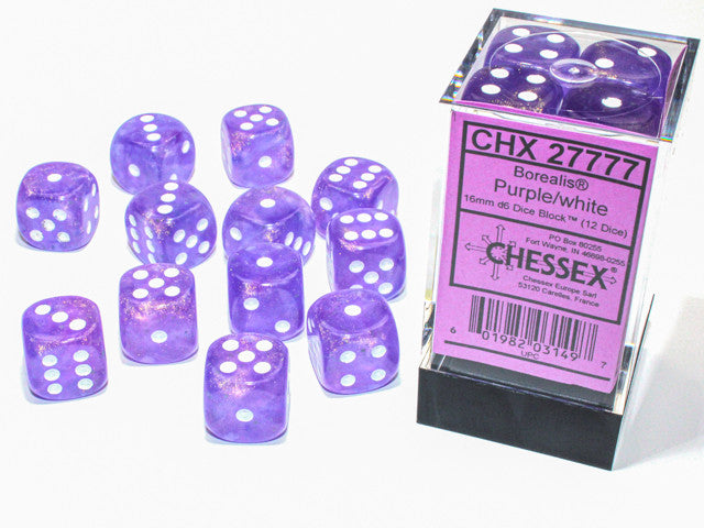 Chessex: 16mm D6 Borealis Luminary Purple/White Block (12 dice)