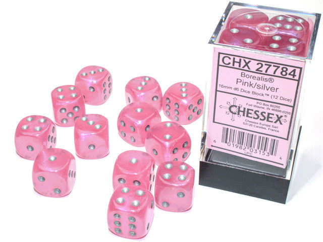 Chessex: Borealis 16mm d6 Pink/silver Luminary Dice Block (12 dice)