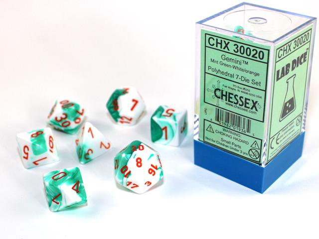 Chessex: Gemini Polyhedral Mint Green-White/orange 7-Die Set