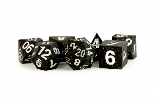 MDG 16mm Sharp Edge Rubber Polyhedral Dice Set: Gold Scatter