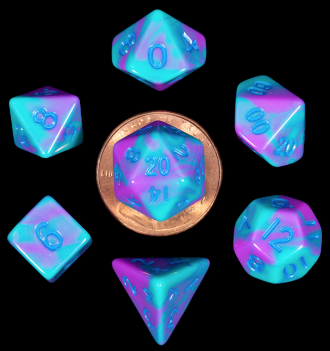 MDG 10mm Mini Polyhedral Dice Set: Purple/Teal with Blue Numbers
