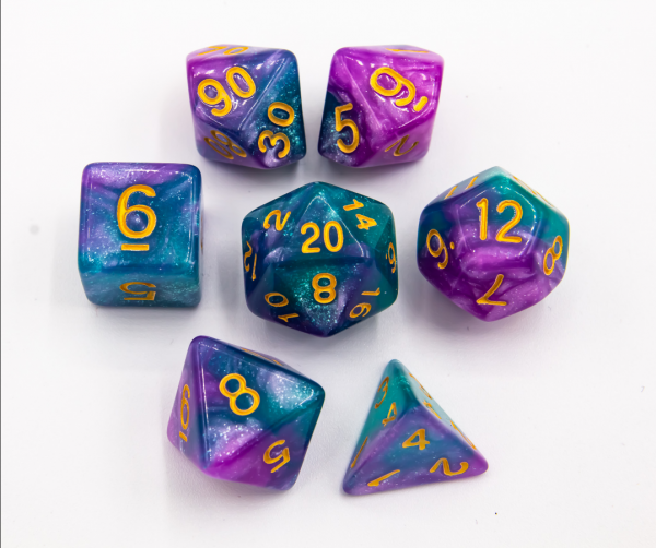 Purple/Teal Set of 7 Sparkly Fusion Polyhedral Dice with Gold Numbers