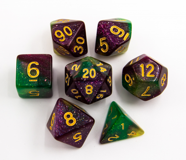 Green/Purple Set of 7 Shimmering Galaxy Polyhedral Dice with Gold Numbers