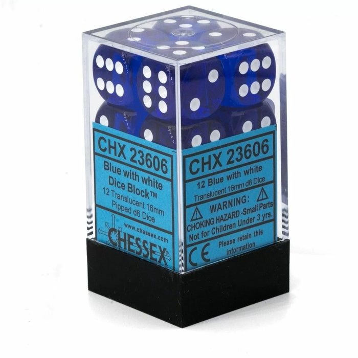 Chessex: 16mm D6 Blue/White Translucent (12 dice)