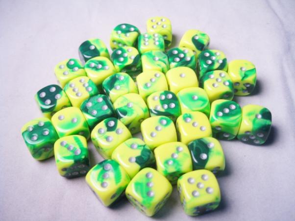 Chessex: 12mm D6 Gemini Green-Yellow/Silver Block (36 dice)