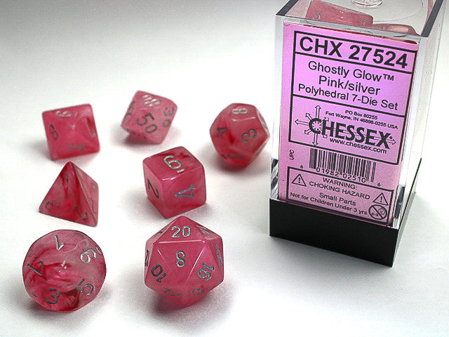Chessex: Ghostly Glow Pink/Silver Polyhedral 7-Die Set