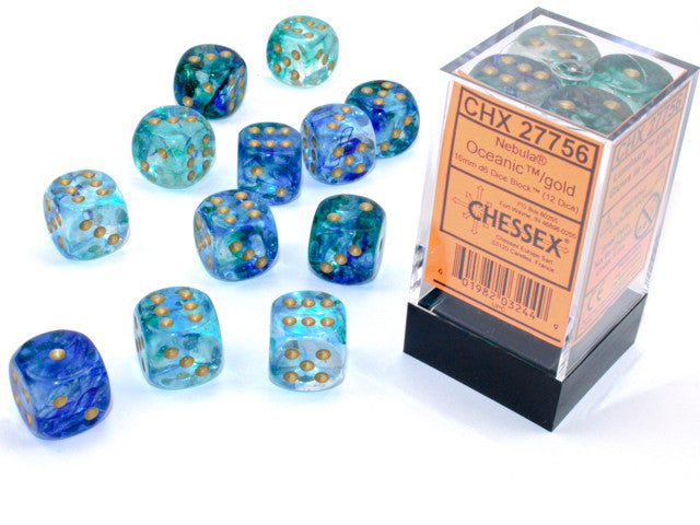Chessex: 16mm D6 Nebula Oceanic/Gold w/Luminary (12 dice)