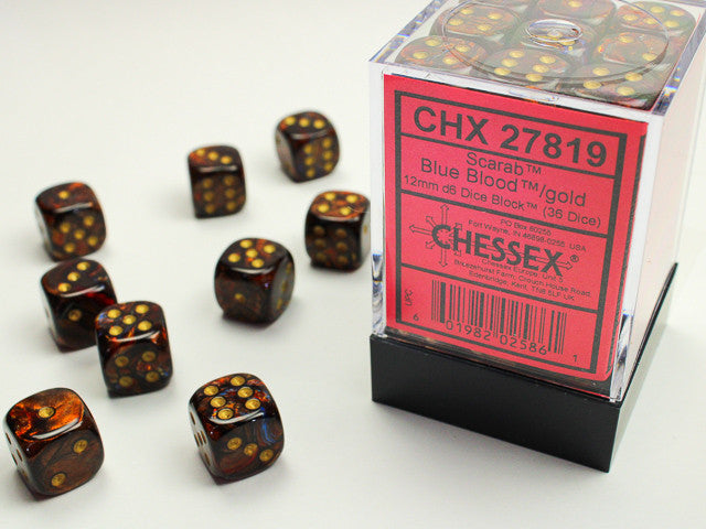 Chessex: 12mm D6 Scarab Blue Blood/Gold Block (36 dice)