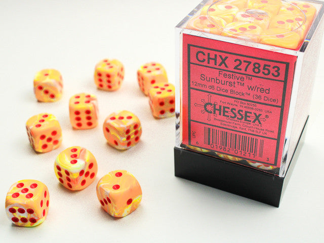 Chessex: 12mm D6 Festive Sunburst/Red Block (36 dice)