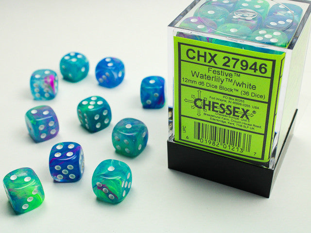 Chessex: 12mm D6 Festive Waterlily/White Block (36 dice)