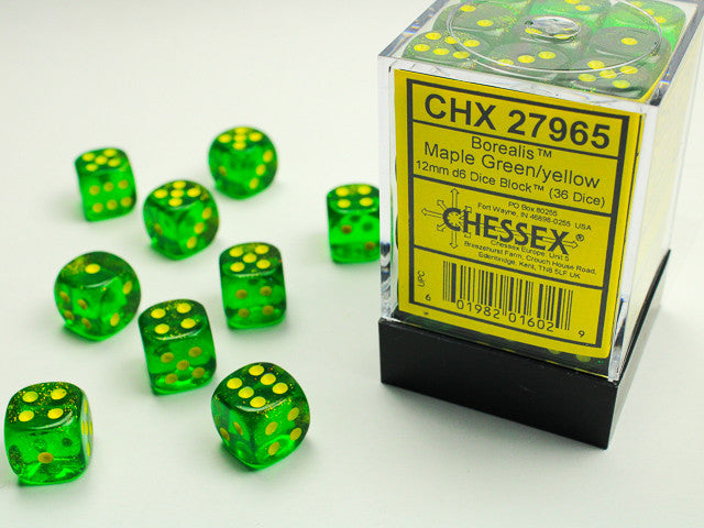 Chessex: 12mm D6 Borealis Maple Green/Yellow Block (36 dice)