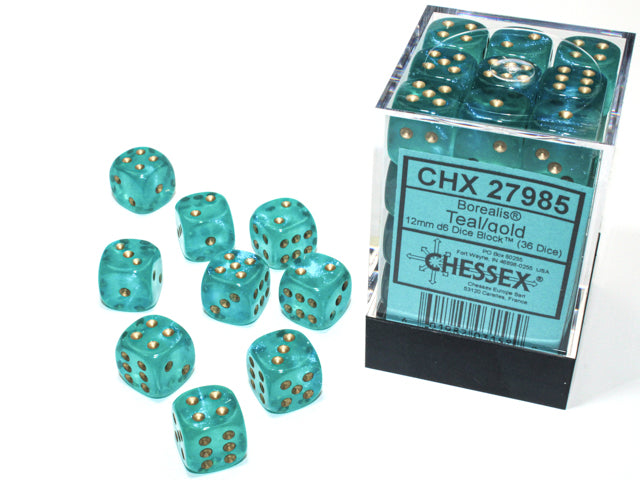 Chessex: Borealis 12mm d6 Teal/gold Luminary Dice Block (36 dice)
